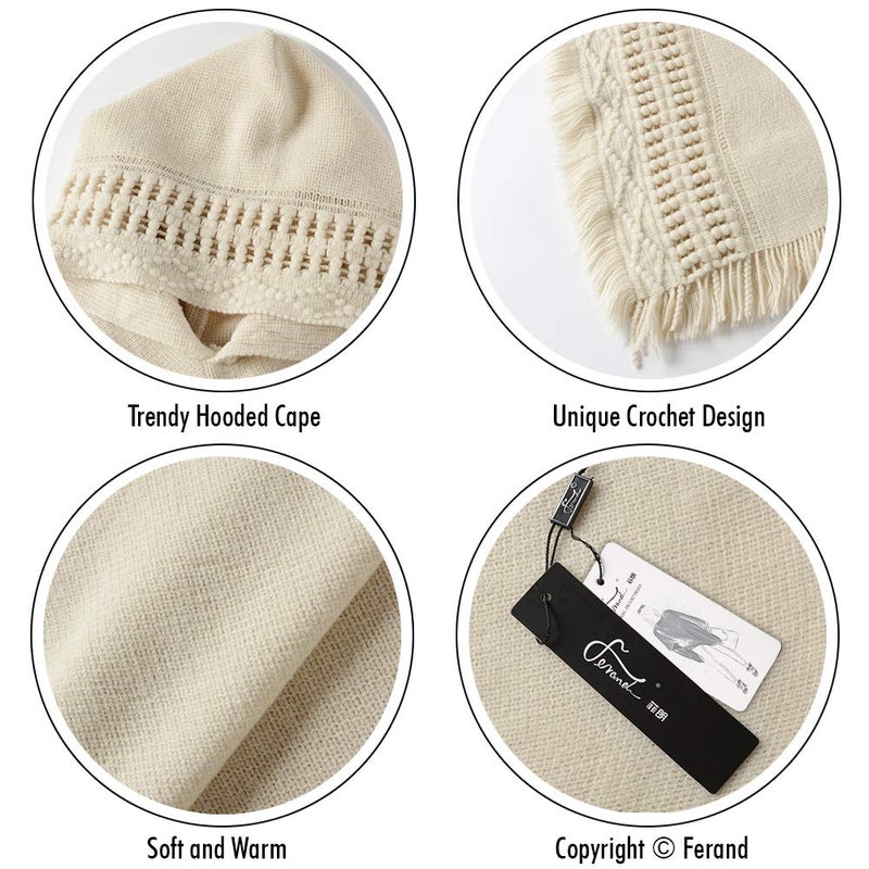 Ferand Ladies' Hooded Cape with Fringed Hem, Crochet Poncho Knitting Patterns for Women, Beige - Image 4