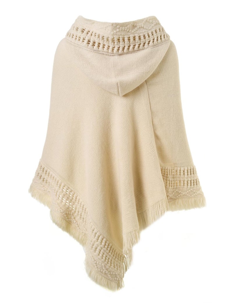 Ferand Ladies' Hooded Cape with Fringed Hem, Crochet Poncho Knitting Patterns for Women, Beige - Image 2