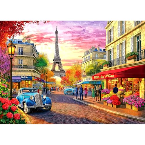 Blueforest Paris Street Scene 1000 Piece Jigsaw Puzzle for Adults Eiffel Tower Cityscape with Vintage Cars Landscape Scenery Challenging Family Puzzle Perfect for Game Nights 275X196 - Image 1