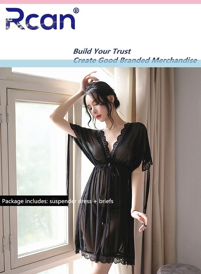 Rcan 2 Piece Set Lingerie for Women's French Fashion Babydoll Deep V Neck Slim Mesh Underwear Short Sleeve Dress Ladies Boudoir Pajamas Plus Size - Image 2