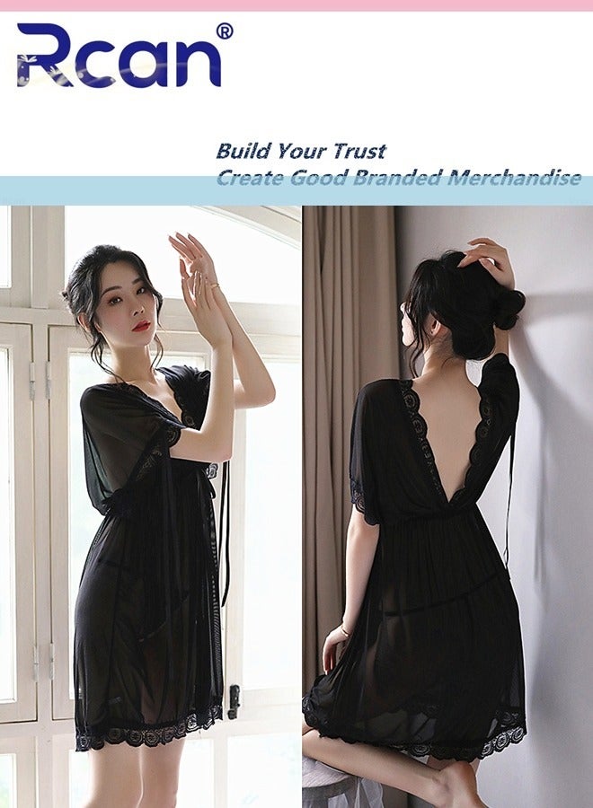 Rcan 2 Piece Set Lingerie for Women's French Fashion Babydoll Deep V Neck Slim Mesh Underwear Short Sleeve Dress Ladies Boudoir Pajamas Plus Size - Image 3