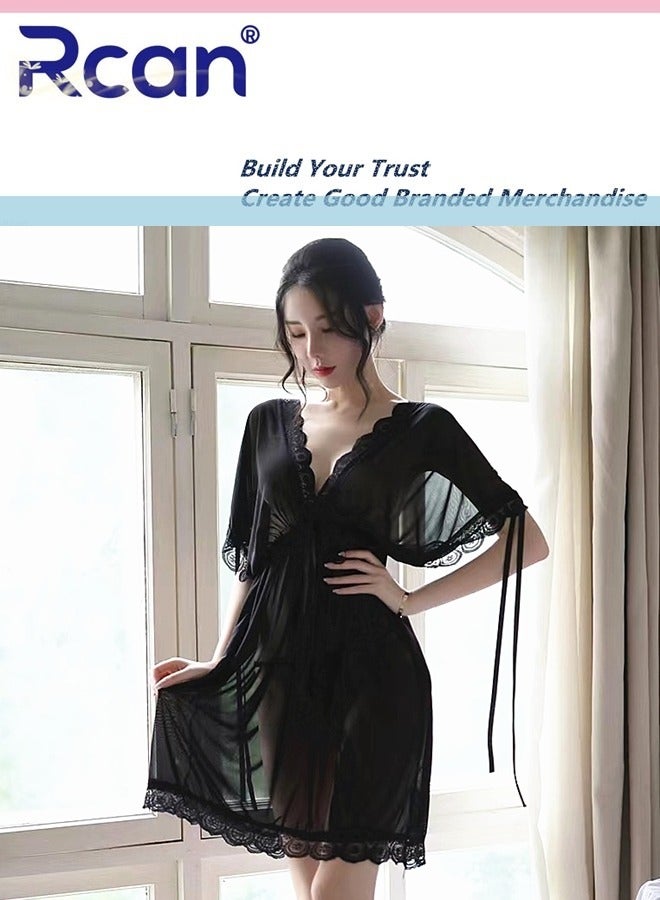 Rcan 2 Piece Set Lingerie for Women's French Fashion Babydoll Deep V Neck Slim Mesh Underwear Short Sleeve Dress Ladies Boudoir Pajamas Plus Size - Image 1