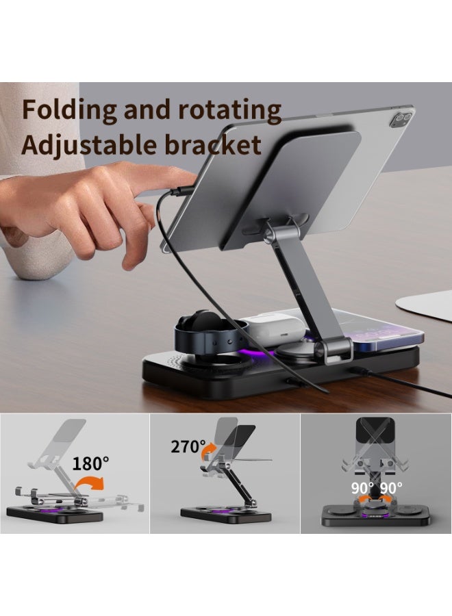 6 in 1 Wireless Charger for Apple Device, Foldable Charging Station for ipad with Clock Display & 7 Color Ambient Light, Wireless Stand Charger for iWatch Series/iPhone 16/15/14/AirPods 4/3(Black) - Image 2