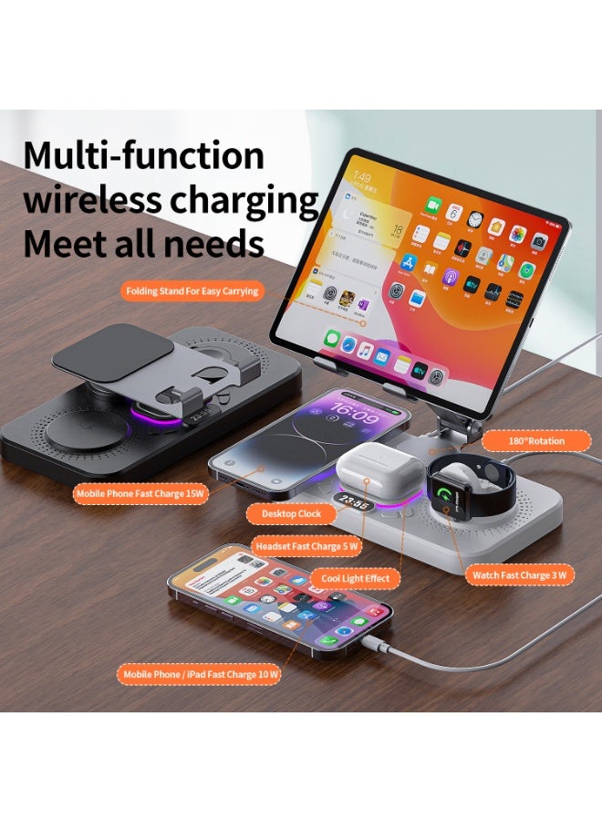 6 in 1 Wireless Charger for Apple Device, Foldable Charging Station for ipad with Clock Display & 7 Color Ambient Light, Wireless Stand Charger for iWatch Series/iPhone 16/15/14/AirPods 4/3(Black) - Image 3