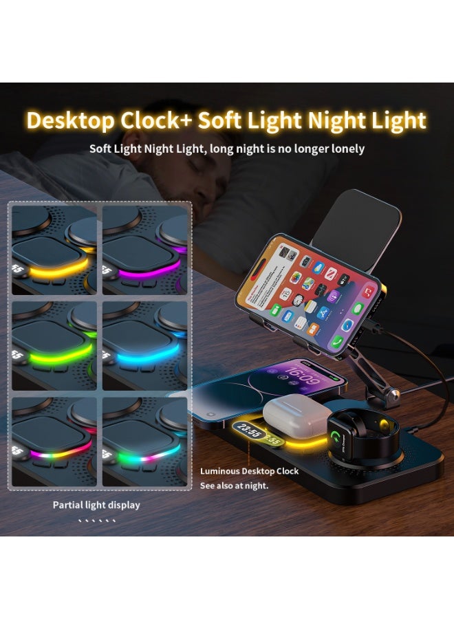 6 in 1 Wireless Charger for Apple Device, Foldable Charging Station for ipad with Clock Display & 7 Color Ambient Light, Wireless Stand Charger for iWatch Series/iPhone 16/15/14/AirPods 4/3(Black) - Image 4