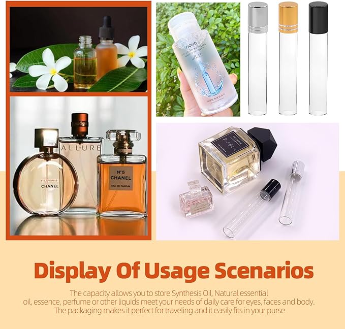 Tanstic 15Pcs Essential Oil Roller Bottles 10ml Clear Glass Roller Bottles with Gold Silver Black Caps Roll On Bottles with Extra Stainless Steel Roller Balls Opener Funnels for Oils Perfume