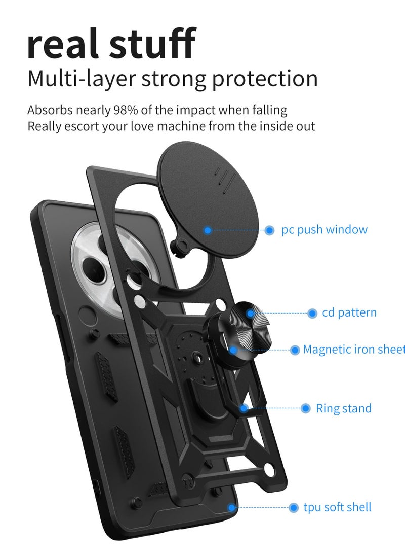 ماركة غير محددة 4G / الدخن الهاتف المحمول حالة بوكو C75 4G ، انزلاق الكاميرا عدسة تغطية + 360 درجة قوس دوار خاتم + دعم المغناطيسي سيارة الهاتف المحمول حالة صدمة ينطبق على Redmi 14C 4G / الدخن POC0 C75 4G ، أسود  - Image 3