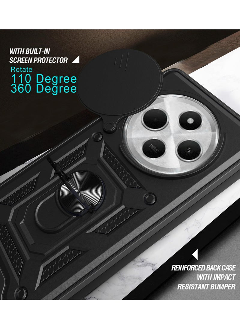 ماركة غير محددة 4G / الدخن الهاتف المحمول حالة بوكو C75 4G ، انزلاق الكاميرا عدسة تغطية + 360 درجة قوس دوار خاتم + دعم المغناطيسي سيارة الهاتف المحمول حالة صدمة ينطبق على Redmi 14C 4G / الدخن POC0 C75 4G ، أسود  - Image 4