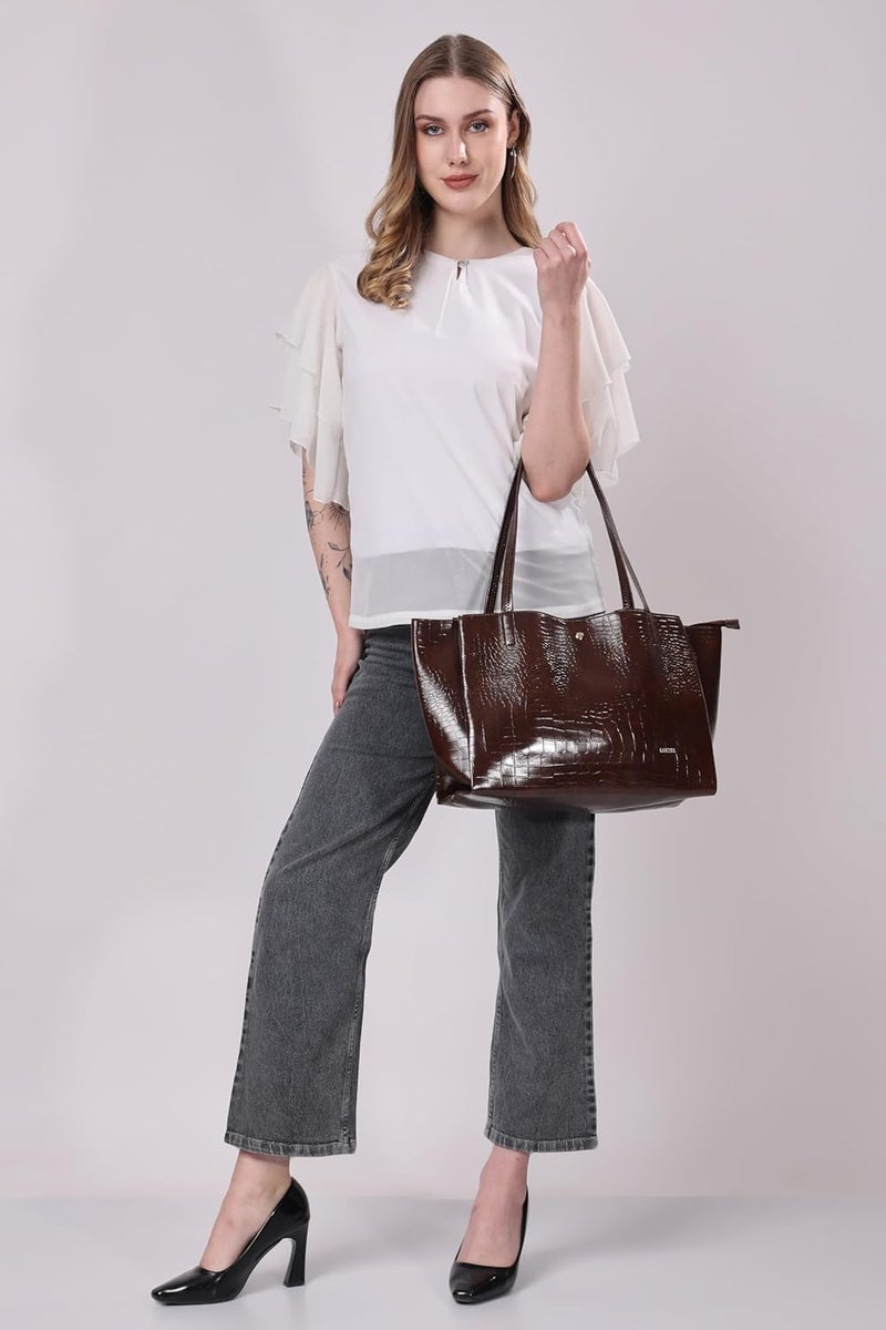 LEEZEL Women's Structured Tote Bag – Large Capacity Work & Travel Purse Croco Pattern Vegan Leather Stylish Tote Bag Classic Everyday Shoulder Bag - Image 5