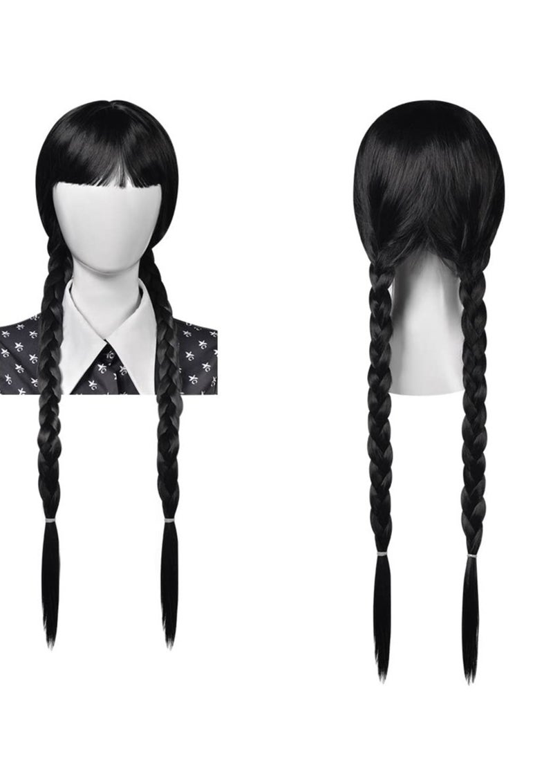 SYOSI - Long Plaited Wig With Bang Fringe for Women Ladies Synthetic Full Hair Natural Black Brunette Wig with Bangs for Cosplay Costume or Daily Life - Image 1