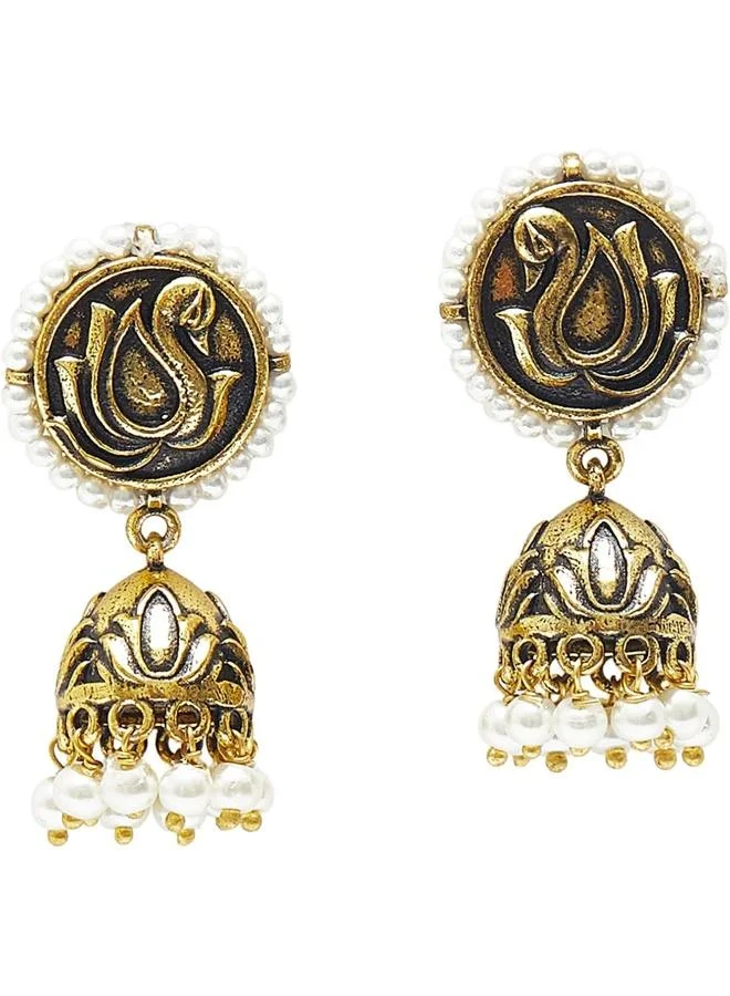VOYLLA VOYLLA Apsara Antique Inspired Peacock Motif Brass Plated Jhumka Earrings, No Gemstone