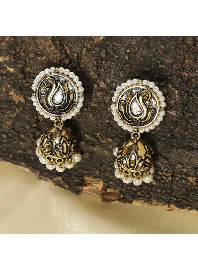VOYLLA VOYLLA Apsara Antique Inspired Peacock Motif Brass Plated Jhumka Earrings, No Gemstone