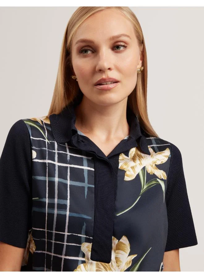 Ted Baker Printed Woven Front Polo Top