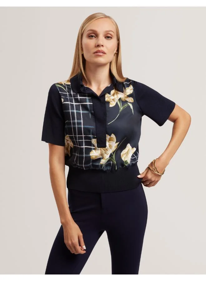 Ted Baker Printed Woven Front Polo Top
