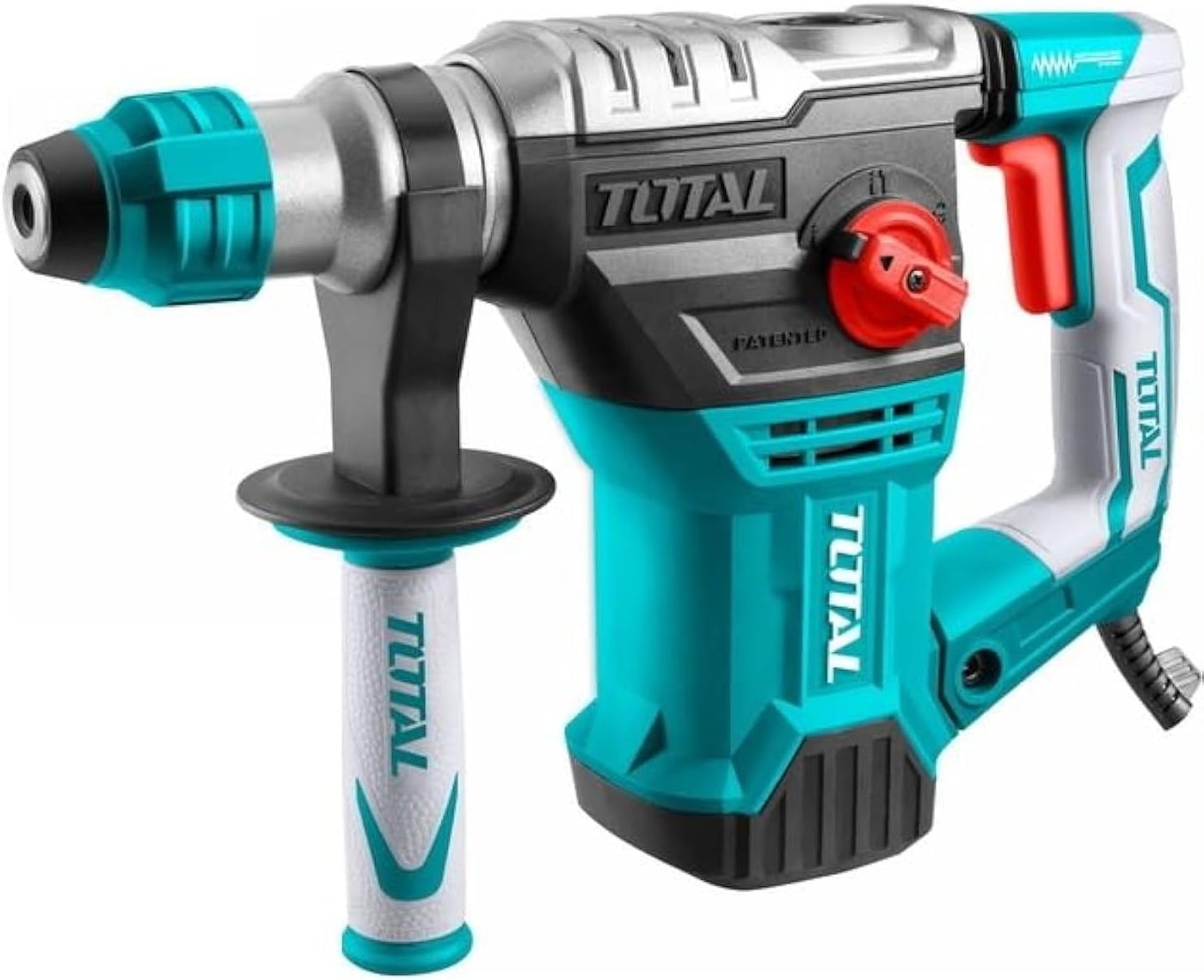 TOTAL 1500W Rotary Hammer Drill, SDS Plus, 32mm Concrete Drilling Capacity, 4400bpm Impact Rate, with BMC Case, 3 Drills, 2 Chisels