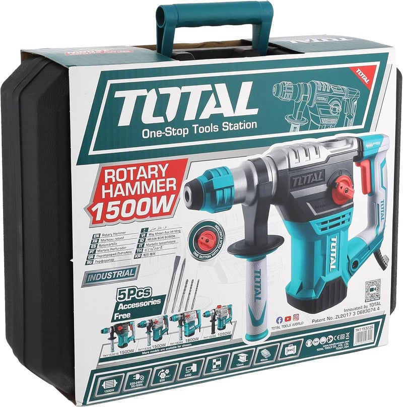 توتال مثقاب مطرقي دوّار من توتال بقدرة 1500 واط، نظام تثبيت SDS Plus، قدرة حفر في الخرسانة حتى 32 مم، معدل طرق 4400 ضربة في الدقيقة، مزود بحقيبة BMC، مع 3 ريش حفر و2 إزميل - Image 5