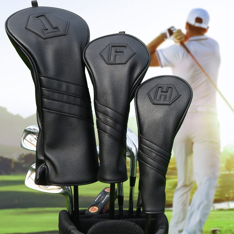 2thpart Premium Golf Club Covers, 3 Pack Golf Club Head Covers for Driver, Fairway Woods and Hybrid, Golf Head Covers Fit Most Golf Clubs PU Leather Classic Black - Image 1