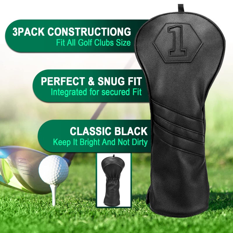 2thpart Premium Golf Club Covers, 3 Pack Golf Club Head Covers for Driver, Fairway Woods and Hybrid, Golf Head Covers Fit Most Golf Clubs PU Leather Classic Black - Image 3