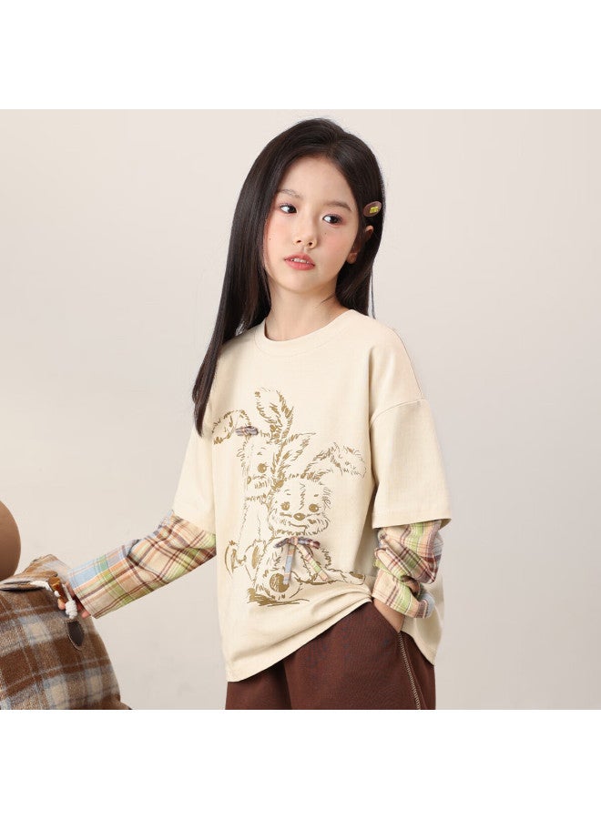 Luson Chen Dazhu Girls' Long Sleeve T-shirt Autumn New Fake Two-piece Top Children's Fall Clothing - Image 1