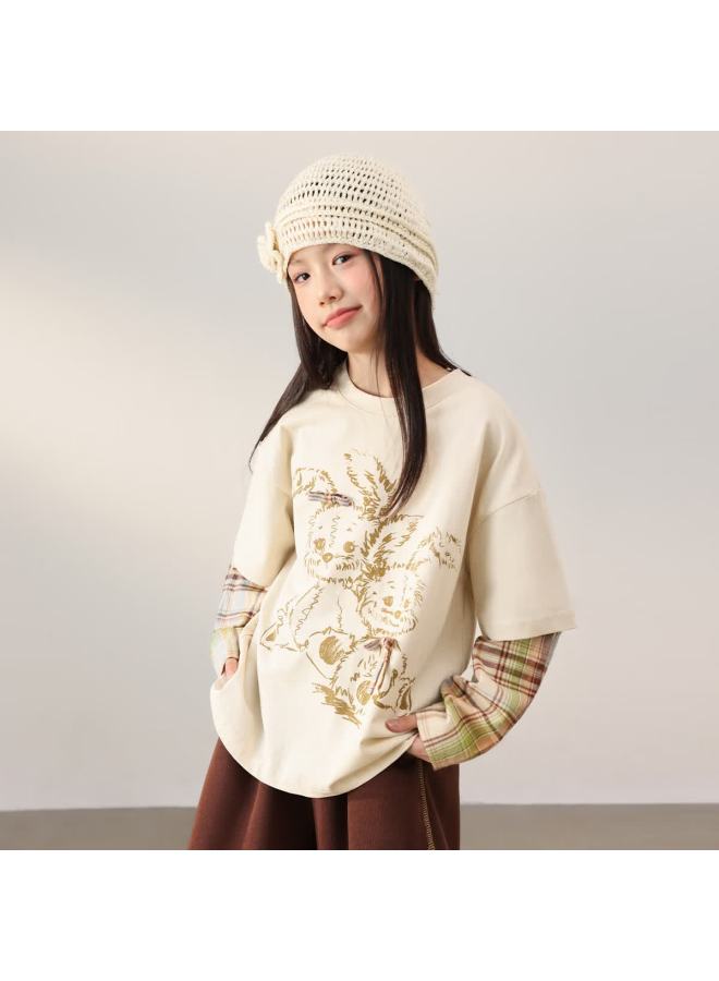 Luson Chen Dazhu Girls' Long Sleeve T-shirt Autumn New Fake Two-piece Top Children's Fall Clothing - Image 3