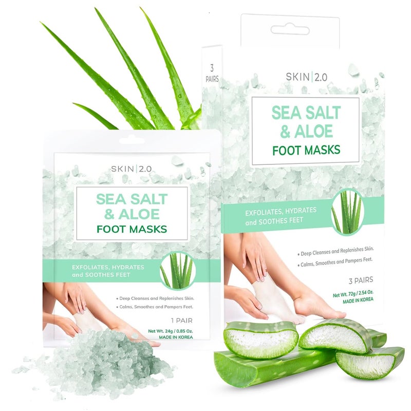 Skin 2.0 Sea Salt & Aloe Foot Masks - Cracked Heel Treatment, Soothing & Hydrating, Exfoliating Foot Mask - Dermatologist Tested Korean Skincare - Clean Beauty, Cruelty-Free, All Skin Types - 3 Pairs - Image 1