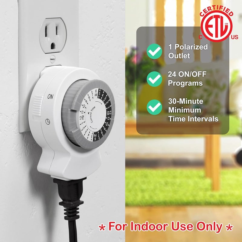 Clear Power 2-Pack Indoor Timer, 1 Polarized Outlet, 24 Hour Plug-in Mechanical Timer, Daily Cycle, Ideal for Lamps, Holiday Decor, Grow Lights, Aquarium, White, DCIT-00012P-DC - Image 3