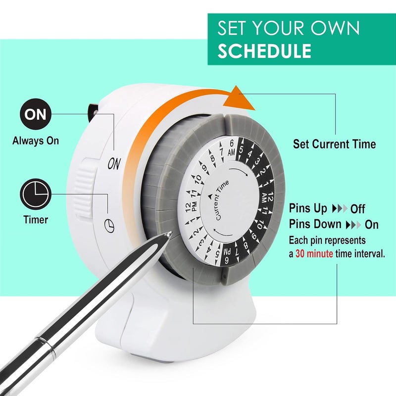 Clear Power 2-Pack Indoor Timer, 1 Polarized Outlet, 24 Hour Plug-in Mechanical Timer, Daily Cycle, Ideal for Lamps, Holiday Decor, Grow Lights, Aquarium, White, DCIT-00012P-DC - Image 2