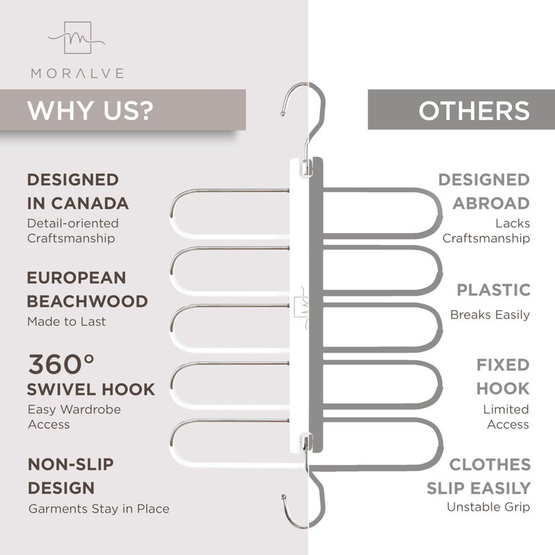 MORALVE Pants Hangers Space Saving - 2 Pack European Beechwood Scarf and Jean Hangers - Closet Organizer and Space Saver Pant Rack, Leggings Hanger, and Scarf Holder with 360Â° Swivel Hook - Image 5