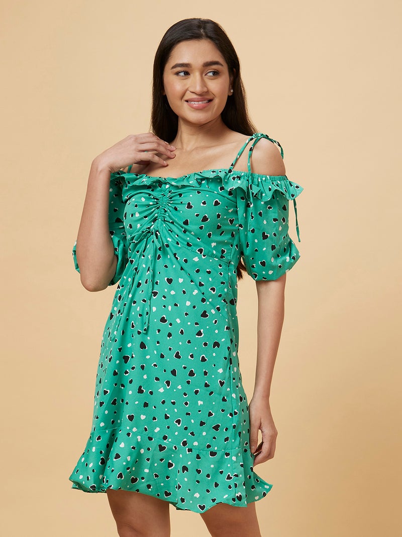 globus Globus Women Green & Black Conversational Printed Ruched Cold-Shoulder Casual A-Line Dress  - Image 4