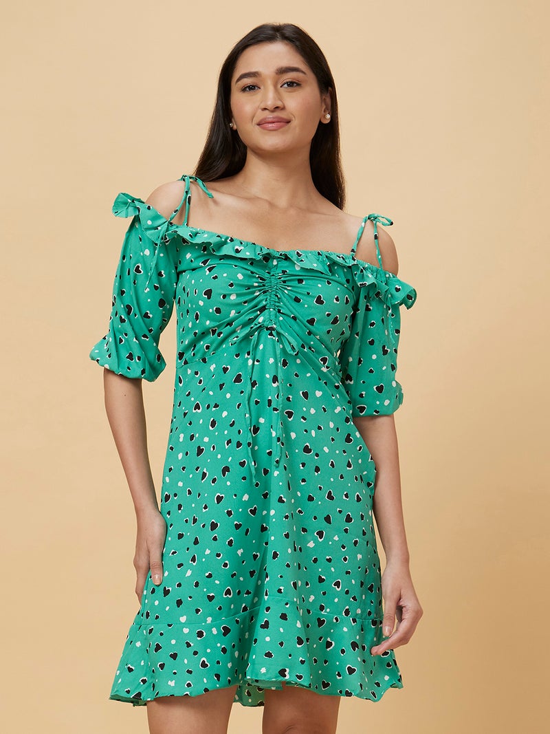 globus Globus Women Green & Black Conversational Printed Ruched Cold-Shoulder Casual A-Line Dress  - Image 2