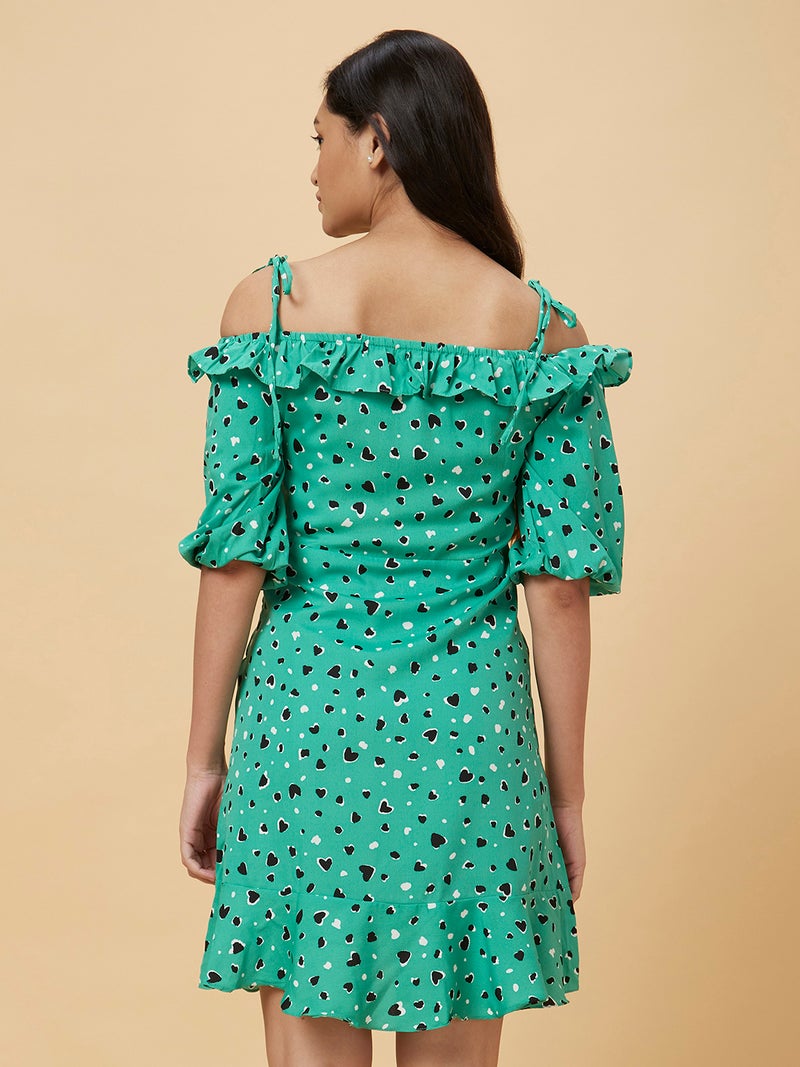 globus Globus Women Green & Black Conversational Printed Ruched Cold-Shoulder Casual A-Line Dress  - Image 3