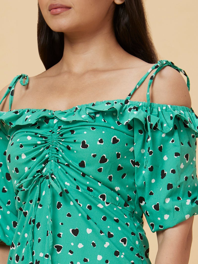 globus Globus Women Green & Black Conversational Printed Ruched Cold-Shoulder Casual A-Line Dress  - Image 5