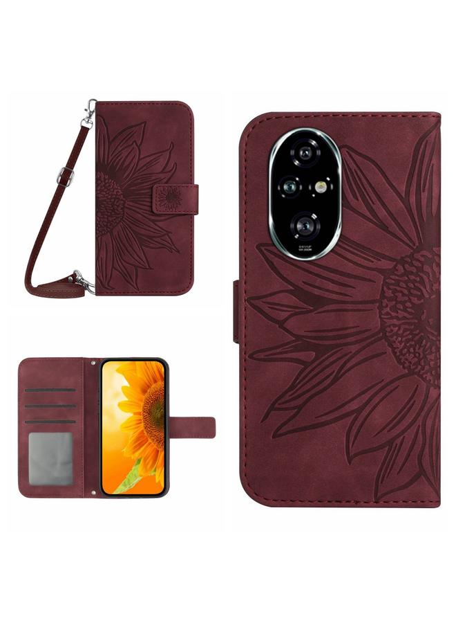 Green Tiger For Honor 200 Pro 5G Global Skin Feel Sun Flower Pattern Leather Phone Case with Lanyard(Wine Red)