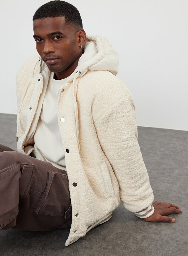 trendyol Ecru Relaxed Fit Rubber Detailed Hooded Winter Coat TMNAW25MO00015  - Image 3