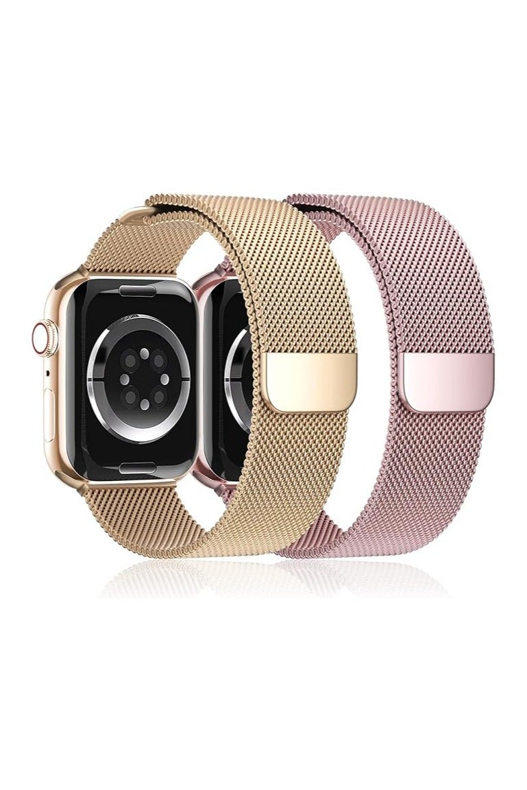 2pcs Stainless Steel Metal Strap Compatible with Apple Watch Band 46mm Series 10 rosegold -pink