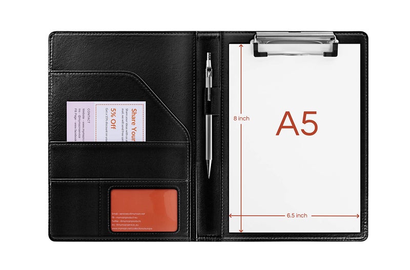 Mymazn Small Clipboard Junior Padfolio Folio 7 x 9 Writing Pad Refillable, Mymazn Faux Leather Folder A5 for Notepad Legal pad 5 x 8 Junior Size Portfolio (Black) - Image 1