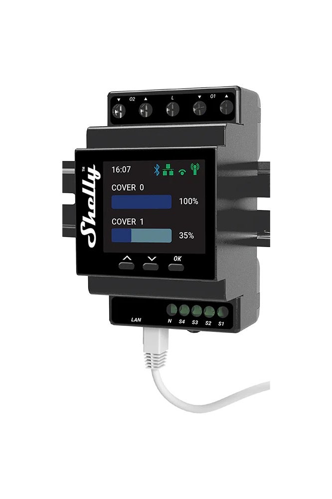 Shelly وحدة تحكم شتر شيللي برو مزدوجة / غطاء شتر PM DIN Rail، 2 قناة 10A مع قياس الطاقة، تقوم بأتمتة الستائر والستائر، تحكم عبر التطبيق