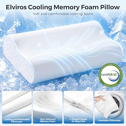 Elviros Cooling Memory Foam Pillow with Breathable Cover, Adjustable Height Bed Pillow for Neck Support, Ergonomic Cervica Neck Pillow for Side Stomach and Back Sleeper, Queen Size, 23.6"×14"×5.3" - Image 2