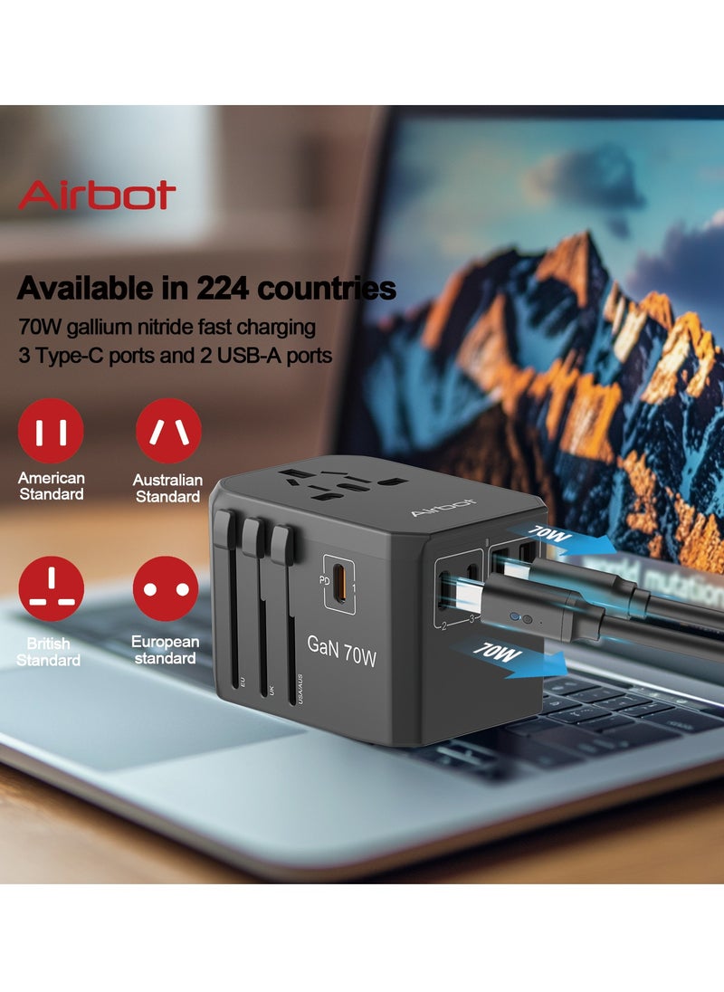 آيربوت محول سفر عالمي Airbot Air-305MAX 70 واط، محول دولي متعدد الاستخدامات في كل أنحاء العالم مع USB + Type-C PD.  - Image 2