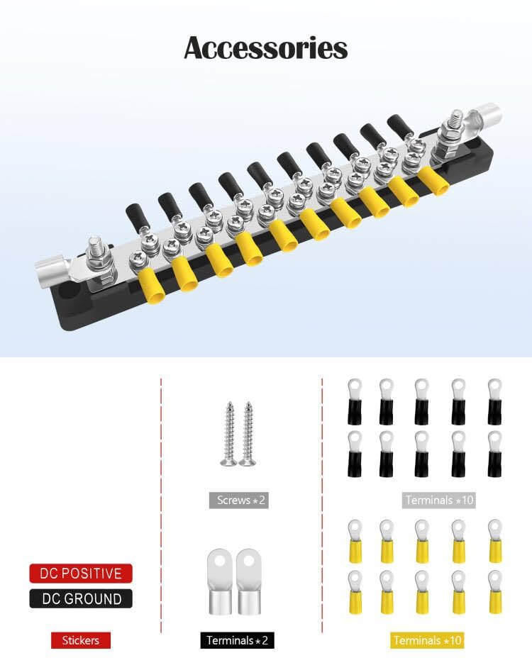 LENKRAD 20 Power/Ground Distribution Block Bus Bar, Marine Bus Bar,150 Amp Battery Terminal Distribution Block, for Automotive and RV Solar Wiring, Ground Bus Bar Kit 2x1/4” Studs - Image 2