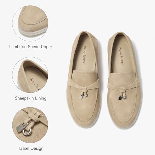 BEAU TODAY Suede Loafers Flats for Women, Women’s Slip On Penny Loafers, Leather Driving Comfortable Dress Ladies Loafers Casual Office Work Shoes Beige US 9 - Image 4