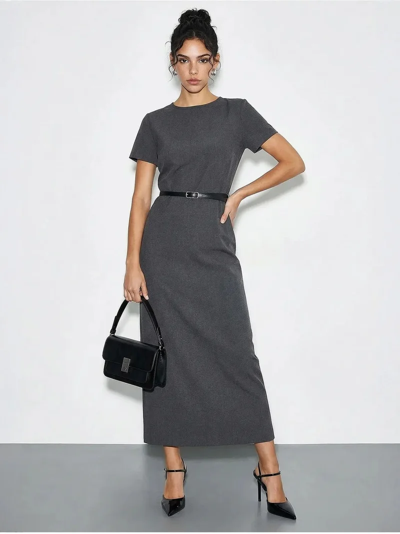 Bianco Lucci LUCCI Belted Midi Dress with Crew Neck