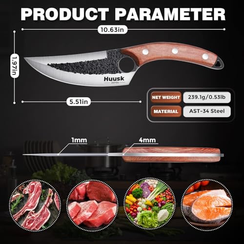 Huusk Chef Knives with Sheath, Hand Forged Viking Knife, Japanese Butcher Knife, Cool Caveman Knives for Kitchen and Outdoor Camping, Gift for Men and Women - Image 5