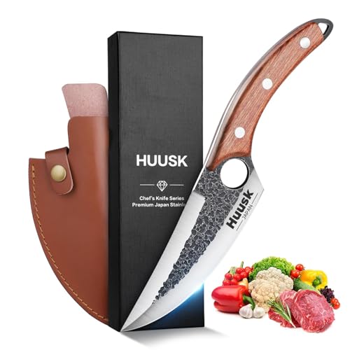Huusk Chef Knives with Sheath, Hand Forged Viking Knife, Japanese Butcher Knife, Cool Caveman Knives for Kitchen and Outdoor Camping, Gift for Men and Women - Image 1