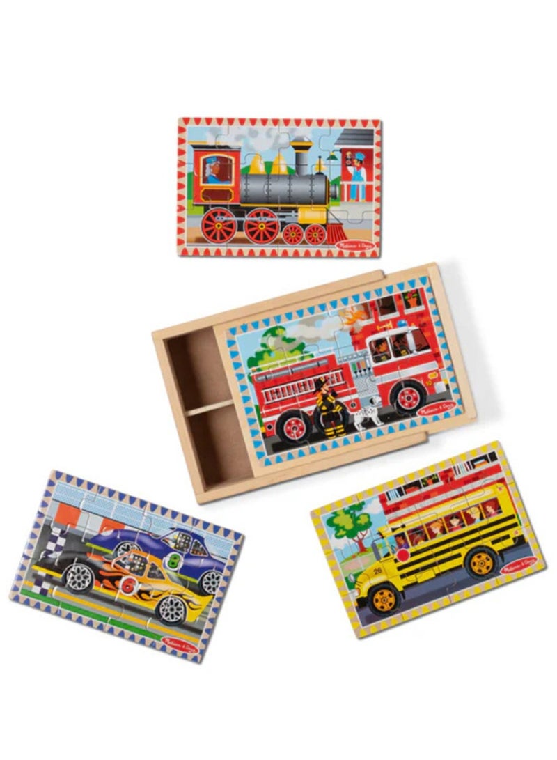 Melissa & Doug Vehicle Jigsaw Puzzles in a Box – 4 Wooden 12-Piece Puzzles with Storage Case – Fine Motor Skills, Problem-Solving & Imaginative Play for Kids Ages 3+ | MD3794 - Image 1