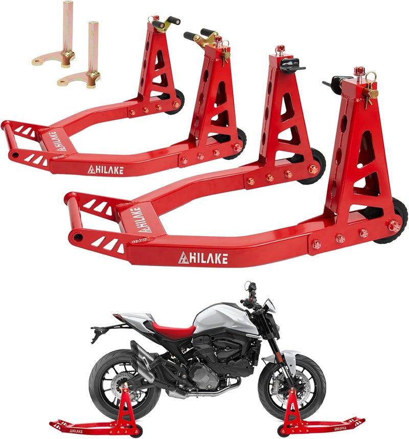 HILAKE Aluminum Motorcycle Stands Front and Rear 880lbs Heavy Duty Wheel Lift Combo for Yamaha Honda Kawasaki Suzuki - Red - Image 1