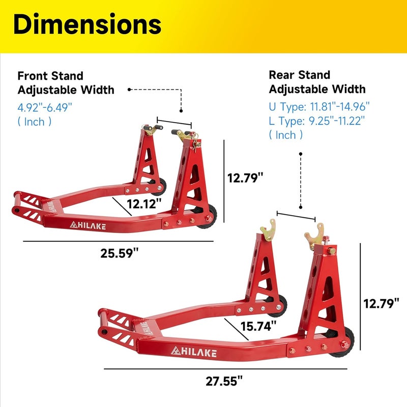 HILAKE Aluminum Motorcycle Stands Front and Rear 880lbs Heavy Duty Wheel Lift Combo for Yamaha Honda Kawasaki Suzuki - Red - Image 4