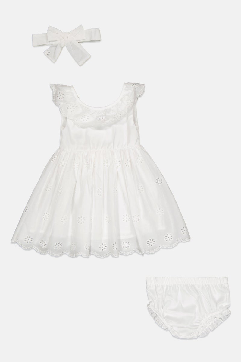 Quiltex Toddlers Girl 3 Pieces Eyelet Sleeveless Dress Set, White  - Image 1