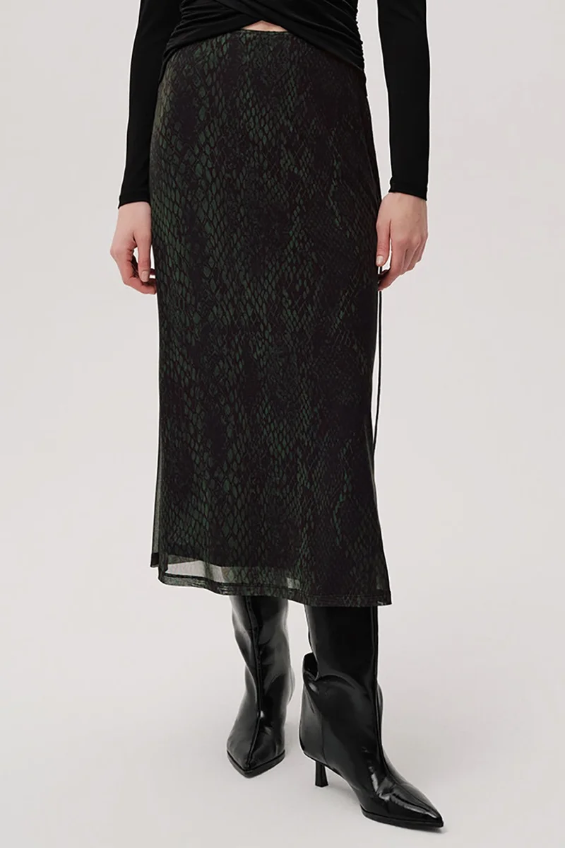 EXQUISE Snake Pattern Slim Fit Tulle Midi Green Skirt