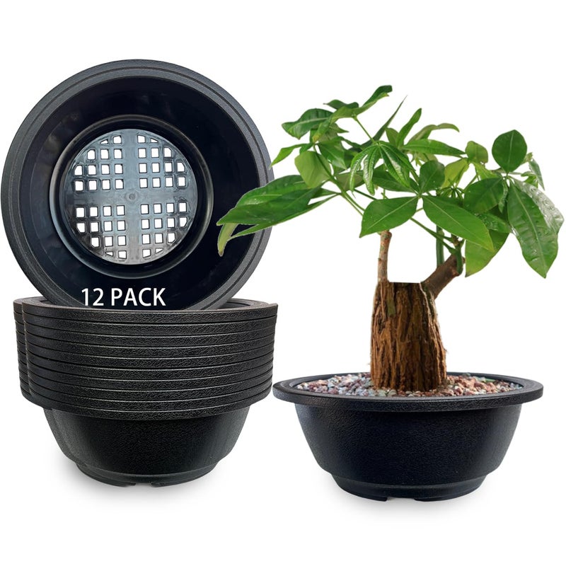MUZHI 12 Pack Matte Finish Black Round Bonsai Bowl Planter Pot with Drainage Plastic Garden Low Planter Pots 78